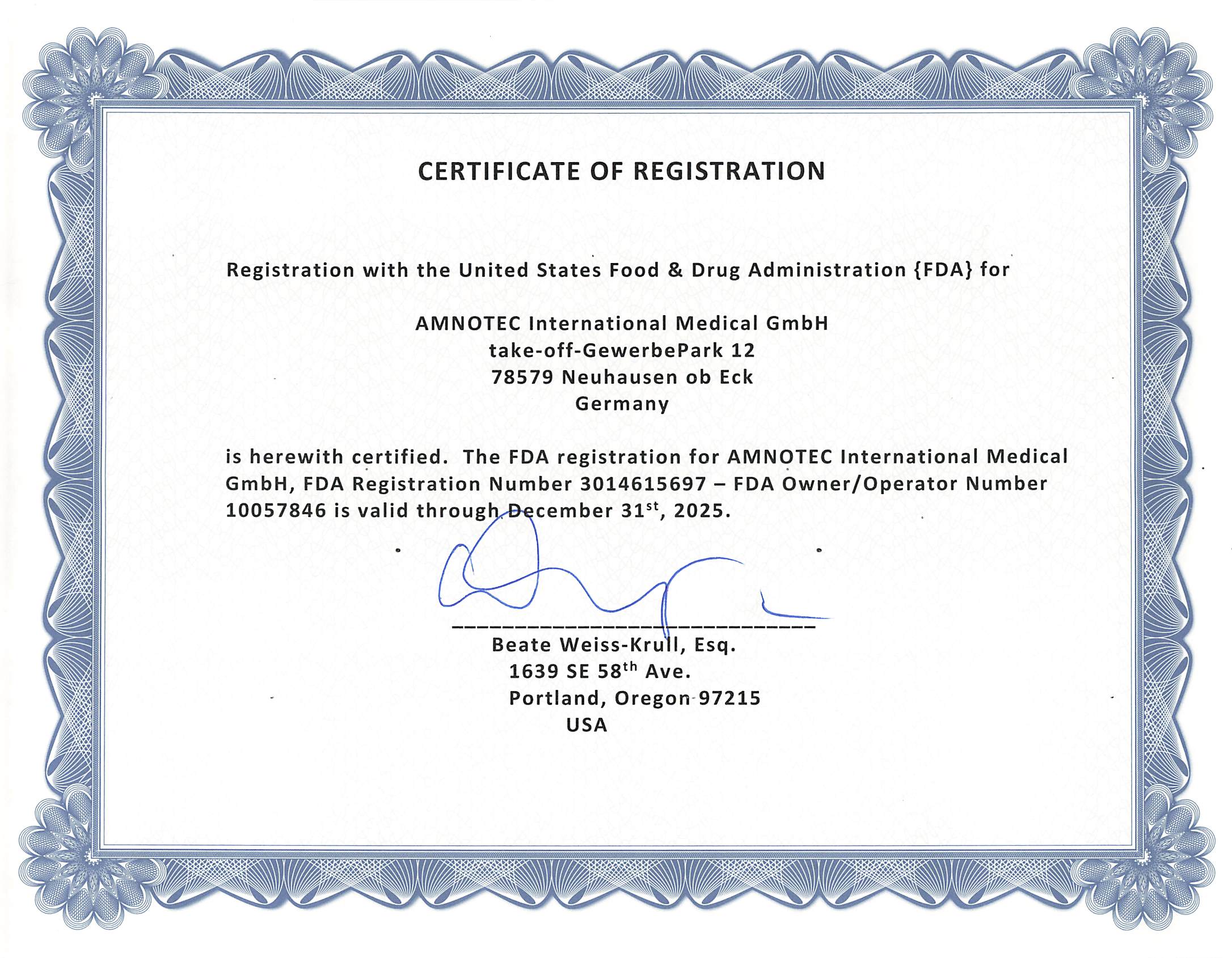 DokumentenBild zu Certificate of Registration FDA